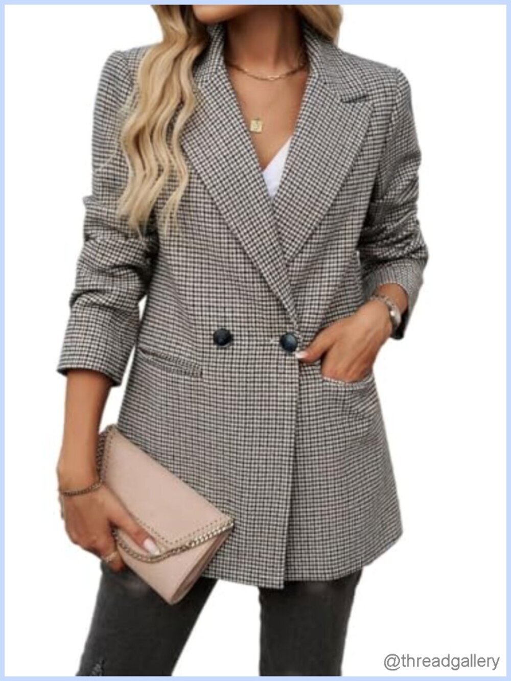 Women's Open Front Houndstooth Blazer Long Sleeve Notch Lapel Work Jacket
